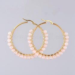 Beaded Hoop Earrings, with Natural Rose Quartz Beads, Golden Plated 304 Stainless Steel Hoop Earrings, 50mm, Pin: 0.6x1mm