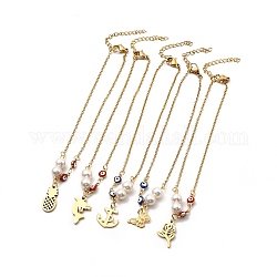 Ccb perle & emaille böser blick perlenglied fußkettchen, goldene Fußkette mit 304 Edelstahl-Anhängern für Damen, Gemischte Muster, Anhänger: 9.5~18x10.5~13x0.5~1.5 mm, 9-1/8 Zoll (23 cm)