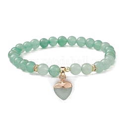Bracelets extensibles en perles rondes en aventurine verte naturelle, avec des breloques de coeur, diamètre intérieur: 2-1/8~2-1/4 pouce (5.4~5.6 cm)