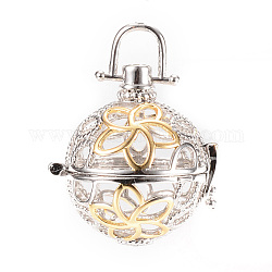 Rack Plating Brass Cage Pendants, For Chime Ball Pendant Necklaces Making, Hollow Round with Flower, Platinum & Golden, 30x28x24mm, Hole: 6x6mm, inner measure: 21mm