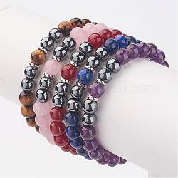 Non-Magnetic Synthetic Hematite Beaded Stretch Bracelets, with Natural Mixed Stone Beads, Stainless Steel Color, 55mm