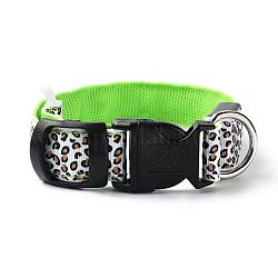 Adjustable Polyester LED Dog Collar, with Water Resistant Flashing Light and Plastic Buckle, Built-in Battery, Leopard Print Pattern, Spring Green, 355~535mm