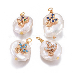 Natural Cultured Freshwater Pearl Pendants, with Brass Cubic Zirconia Findings, Nuggets with Leaf, Golden, Mixed Color, 17~26x11~16x5~11mm, Hole: 1.6~2mm