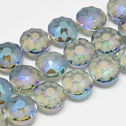 Electroplate Glass Beads Strands, Frosted, Rainbow Plated, Faceted, Flat Round, Light Sky Blue, 14x8~10mm, Hole: 1.5mm, about 50pcs/strand, 26.77 inch
