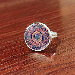 Стеклянная мандала цветочное кольцо на палец, Платиновое латунное плоское круглое кольцо с печаткой для женщин, темный лосось, размер США 8 (18.1 мм)