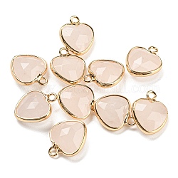 Ciondoli a cuore sfaccettato in quarzo rosa naturale, con bordo in ottone dorato, 13.5x11x5mm, Foro: 1.6 mm