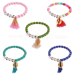 5 pz 5 colori parola amore perline braccialetti elastici impostati per le donne della ragazza, Braccialetti con ciondoli a forma di conchiglia e nappa, colore misto, diametro interno: 2-1/8 pollice (5.5 cm), 1pc / color