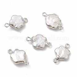 Baroque Natural Keshi Pearl Connector Charms, Flower Links, with Brass Double Loops, Platinum, 19~20x11~12x3~6mm, Hole: 1.6mm