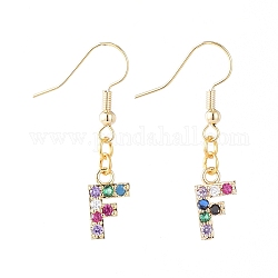 Dangle Earrings, with Golden Plated Brass Micro Pave Cubic Zirconia Charms, Rack Plating Brass Earring Hooks and Cardboard Packing Box, Alphabet, Letter.F, 35.5~38mm, Alphabet: 13x8~10x2mm, Pin: 0.6mm
