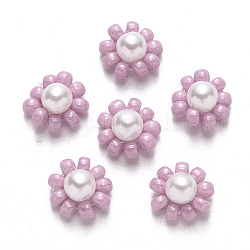 Glass Seed Beads Charms, with ABS Plastic Imitation Pearl and Golden Tone Brass Findings, Flower, Plum, 10x5mm