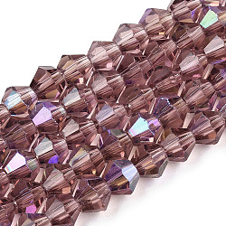Transparentes perles de verre de galvanoplastie brins, de couleur plaquée ab , facette, Toupie, violet foncé, 4x4mm, Trou: 0.8mm, Environ 87~98 pcs/chapelet, 12.76~14.61 pouce (32.4~37.1 cm)