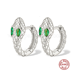 Snake Shape Rhodium Plated Platinum 925 Sterling Sliver Micro Pave Cubic Zirconia Hoop Earrings, Green, 14x12mm