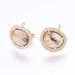 Brass Micro Pave Cubic Zirconia Stud Earring Findings, with Loop, Glass, Oval, Golden, Tan, 16.5mm, Hole: 1mm, Pin: 0.8mm