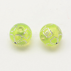 Plating Transparent Acrylic Round Beads, Silver Metal Enlaced, Green Yellow, 10x9mm, Hole: 3mm, about 1050pcs/500g