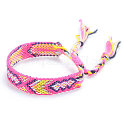 Bracelet cordon polyester-coton motif losange tressé, bracelet brésilien réglable ethnique tribal pour femme, rose chaud, 5-7/8~11 pouce (15~28 cm)