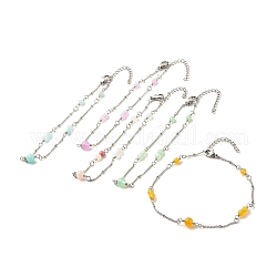 Bracelets de cheville en jade blanc teint naturel et jade de malaisie pour femmes, 304 bracelets de cheville chaînes satellites en acier inoxydable, couleur mixte, 9-7/8 pouce (25 cm)