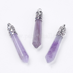Natural Amethyst Pointed Pendants, with Alloy Findings, Bullet, Platinum, Cadmium Free & Lead Free, 55~67x11mm, Hole: 5x4mm