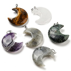 Pendentifs pierres précieuses naturelles mixtes, breloques lune, avec les accessoires en laiton de tonalité de platine, 35x27x10mm, Trou: 10x4mm