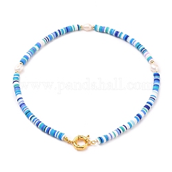 Heishi Perlenketten aus Fimo, mit natürlichen Perlen, vergoldete Messingperlen & Federringverschlüsse, Himmelblau, 18.03 Zoll (45.8 cm)