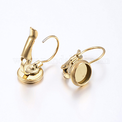 Ion Plating(IP) 304 Stainless Steel Leverback Earring Findings, Flat Round, Golden, Tray: 8mm, 18x10mm, Pin: 0.8mm