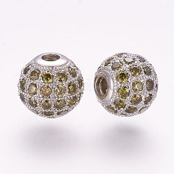 Brass Micro Pave Cubic Zirconia Beads, Round, Yellow, 8x7.5mm, Hole: 1.8mm