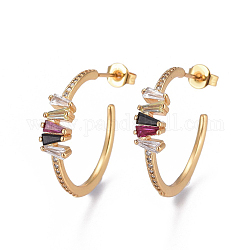 Brass Micro Pave Cubic Zirconia Stud Earrings, Half Hoop Earrings, with Brass Ear Nuts, Colorful, Golden, 22x25x5mm, Pin: 0.7mm