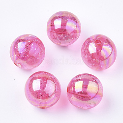 Perles en acrylique transparente, avec de la poudre de paillettes, perles de paillettes, ronde, rose chaud, 19~19.5x19mm, Trou: 2.5mm, environ 110 pcs/500 g