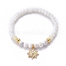 Verre à facettes perles bracelets extensibles, bracelets avec breloque, avec des perles naturelles de howlite, pendentifs et perles en laiton, soleil, blanc, or, diamètre intérieur: 2-1/4 pouce (5.7 cm)