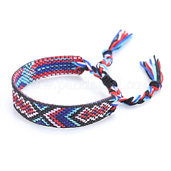 Bracelet cordon polyester-coton motif losange tressé, bracelet brésilien réglable ethnique tribal pour femme, bleu moyen, 5-7/8~11 pouce (15~28 cm)