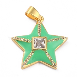 Brass Micro Pave Clear Cubic Zirconia Pendants, with Enamel, Long-Lasting Plated, Real 18K Gold Plated, Star, Lime Green, 25.5x24.5x5mm, Hole: 3.5x5.5mm