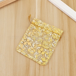 Rechteckige Organza-Geschenkbeutel mit Kordelzug, Goldgeprägte Rosenbeutel zur Aufbewahrung von Geschenken für Hochzeitsfeiern, golden, 12x9 cm