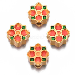 Emaille-Perlen aus Zahnstangenbeschichtung, cadmiumfrei und bleifrei, mattgoldene Farbe, Blume, orange rot, 11x11.5x5 mm, Bohrung: 2 mm