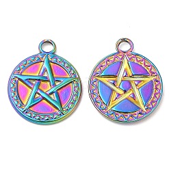 304 Stainless Steel Pendant, Flat Round with Star Charm, Rainbow Color, 20x17x2mm, Hole: 3mm