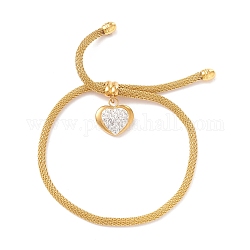 Bracciale a cursore con ciondolo a cuore in cristallo di strass con catena a maglia rotonda da donna, oro, diametro interno: 3/8~3-1/8 pollice (0.9~7.9 cm)