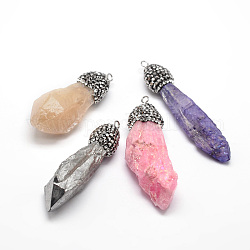 Nuggets Dyed Electroplated Natural Druzy Crystal Big Pendants, with Polymer Clay Rhinestone and Platinum Tone Brass Findings, Mixed Color, 46~60x12~19x6~18mm, Hole: 1.5mm