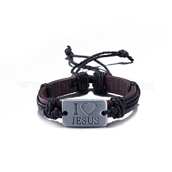 Unisex Trendy Leather Cord Bracelets, with Carved Words Rectangle Alloy Findings, Black, Antique Silver, 300mm