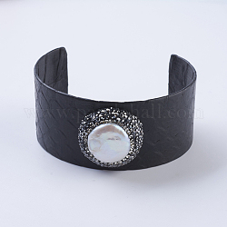 Bracelets manchette en cuir de serpent à la main, avec des strass d'argile polymère et des perles, plat rond, noir, 1-7/8 pouce (47 mm) ~ 2 pouces (50 mm) x 2-1/2 pouces (63 mm ~ 66 mm)