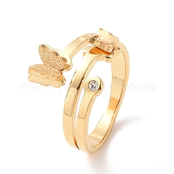 Anello a farfalla con strass di cristallo, placcatura ionica (ip) 304 gioielli in acciaio inossidabile per donna, oro, misura degli stati uniti 6~9 (16.5~18.9mm)