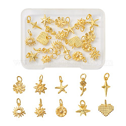 Craftdady 20Pcs 10 Style Brass Charms, with Jump Ring, Cadmium Free & Lead Free, Rose & Heart & Sun, Real 18K Gold Plated, 8.5~14x5~12x1~2mm, Hole: 3mm, 2pcs/style