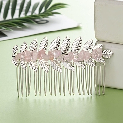 Leaf Natural Rose Quartz Chips Hair Combs, with Iron Combs, Hair Accessories for Women Girls, 45x80x10mm