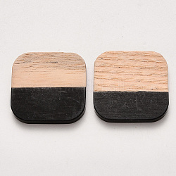 Cabujones de resina & madera, encerado, cuadrado, negro, 24x24x3~4mm
