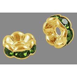 Perline distanziatori strass in ottone, grado a, bordo ondulato, colore metallico oro, rondelle, peridoto, 8x3.8mm, Foro: 1 mm