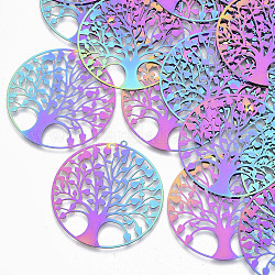 Ion Plating(IP) 201 Stainless Steel Filigree Pendants, Etched Metal Embellishments, Flat Round with Tree of Life, Rainbow Color, 47x45x0.3mm, Hole: 1.2mm