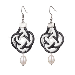 Boucles d'oreilles pendantes tressées en polyester ciré noeud chinois, boucles d'oreilles pendantes en perles naturelles, noir, 70~74x28~29mm