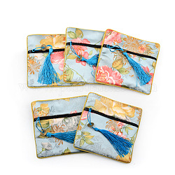Ретро квадратные тканевые мешочки на молнии, с кисточкой и цветочным узором, Алиса Блю, 11.5x11.5 см