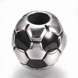 Perles européennes en 304 acier inoxydable, avec l'émail, Perles avec un grand trou   , rondelle avec ballon de foot / soccer, noir, couleur inoxydable, 12.5x12mm, Trou: 5mm