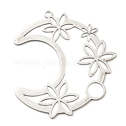 201 Stainless Steel Pendants, Laser Cut, Moon with Flower Charm, Stainless Steel Color, 45.5x43x1mm, Hole: 1.8mm
