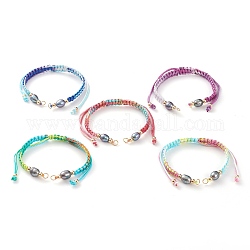Fabrication de bracelets en cordon tressé en polyester réglable, avec des perles en laiton, 304 anneaux à sauter en acier inoxydable et perles de perles d'eau douce, couleur mixte, 6~6-1/2 pouce (15~16.5 cm)
