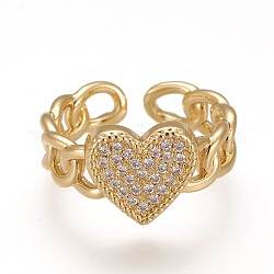 Latón micro pave anillos de brazalete de circonio cúbico, anillos abiertos, Plateado de larga duración, corazón, forma de cadena de bordillo, real 18k chapado en oro, diámetro interior: 17 mm