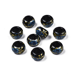 Undurchsichtige Unterlegscheibe-Perlen aus Acryl mit Blumendruck, Großloch perlen, Schwarz, 15x9 mm, Bohrung: 7 mm